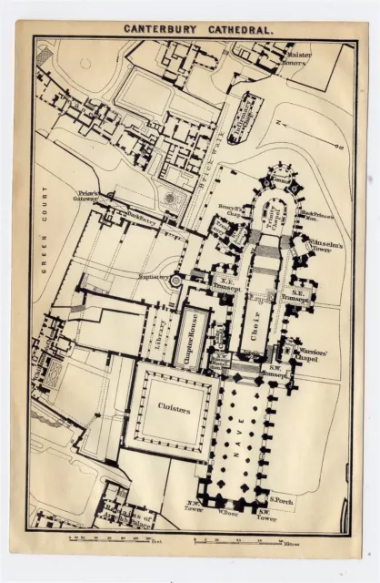 1910 Original Antique  Plan Of Canterbury Cathedral / Kent England