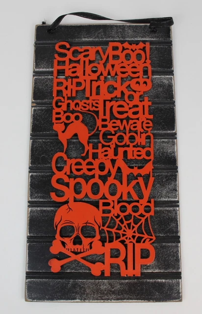 Halloween Sign Orange Cut Out Wood Words Skull Cross Bones RIP Cat Plaque 17”