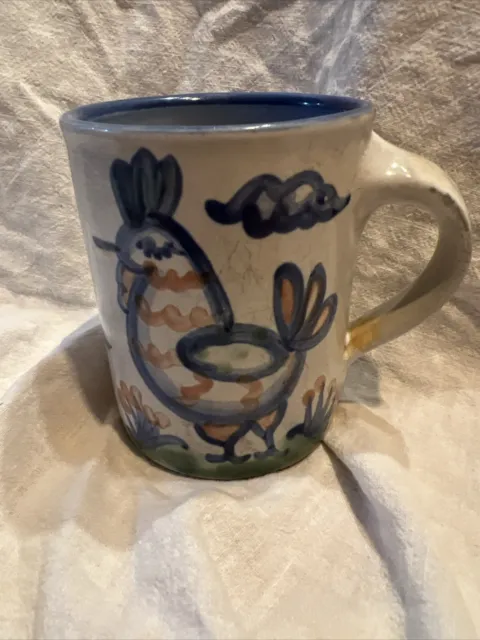 Vintage MA HADLEY Stoneware Pottery Blue ChickenThe End Cup 4” Tall X 3” Sm Chip