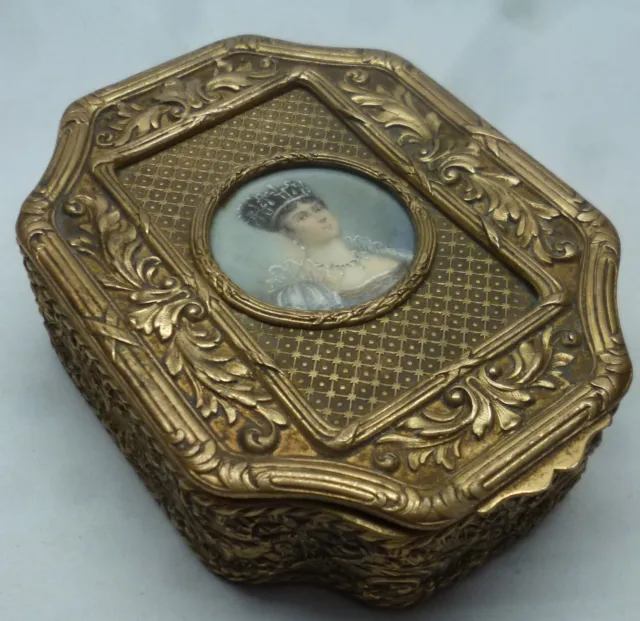 Antique Gilt Brass Box With Josefina Bonaparte Hand Painted  Portrait