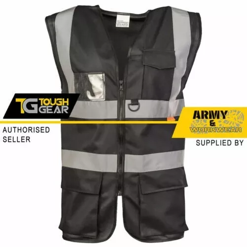 Hi Viz Supérieur Sécurité Gilet Noir Haute Visibilité Exécutif Phone Id Poche