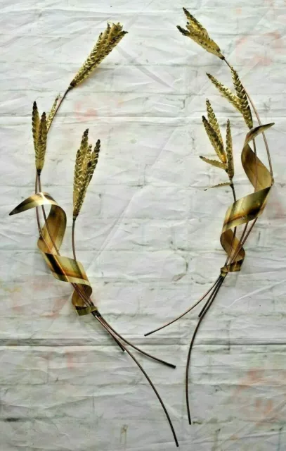 PAIR Mid Century 3D Wall Art Copper & Brass Metal Sculpture Wheat Stalks Retro