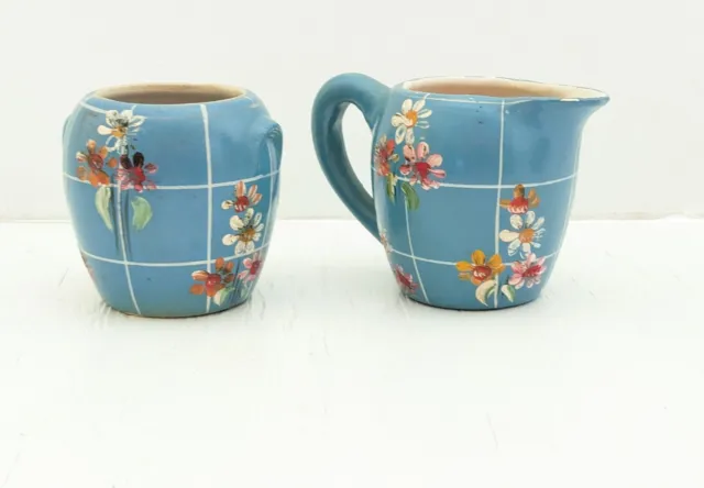 Vintage Ransburg Pottery  Creamer & Sugar Bowl Set Blue Flowers Plaid Bouquet