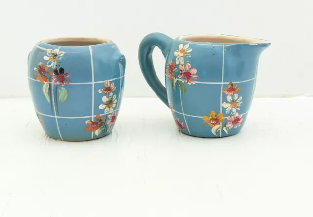 Vintage Ransburg Pottery  Creamer & Sugar Bowl Set Blue Flowers Plaid Bouquet