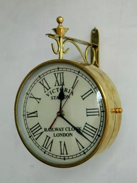 Railway Station Analogue Clock Antique Nautical Brass Victoria Double Side Clock