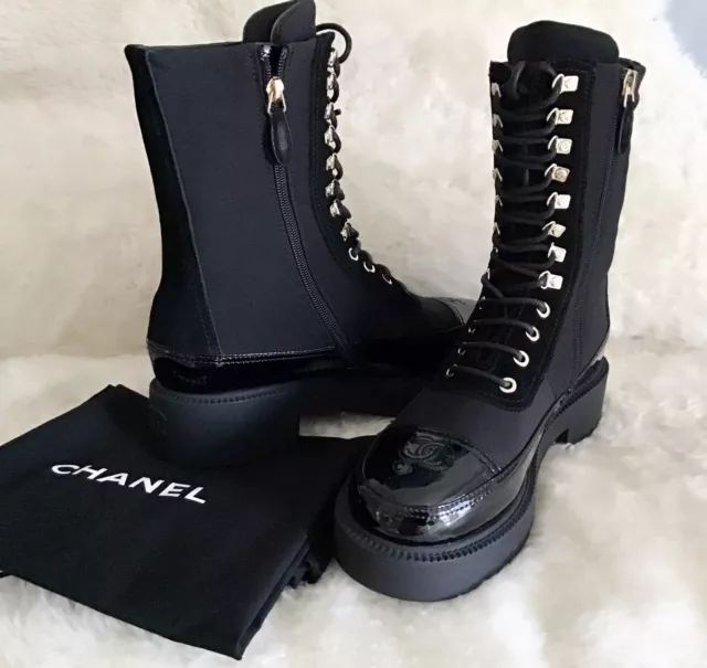 NEW CHANEL LACEUP Combat Boots-Black Patent Leather-Suede-Nylon SZ