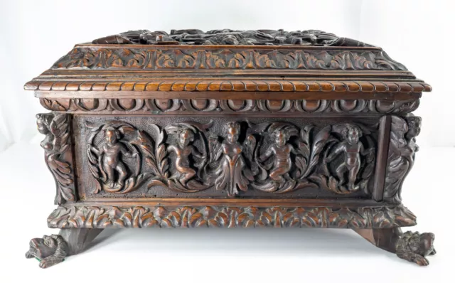 Antique Baroque Carved Italian Oak Miniature Cassone Chest Casket Box w/ Figures 3