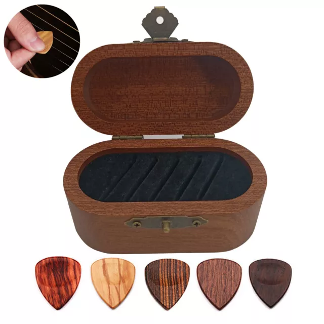 5pcs Guitar Pick Box Wooden Plectrums with Box Storage for Bass/Guitar/Ukulele