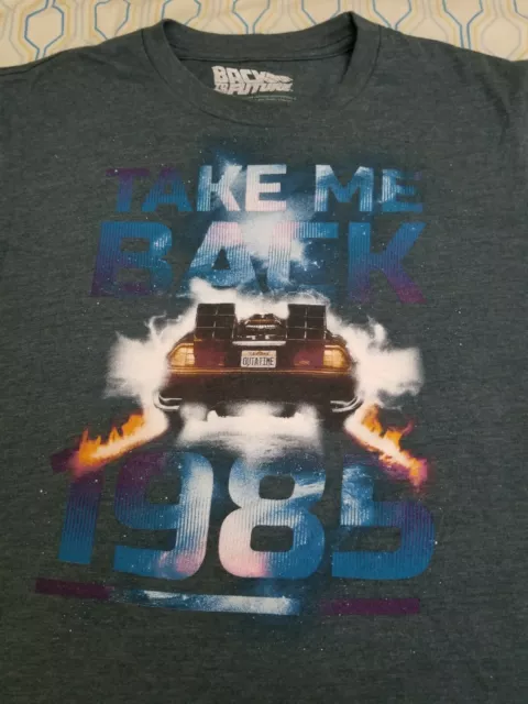 Back to the Future Take Me Back 1985 Movie T Shirt Promo DeLorean Gray Medium