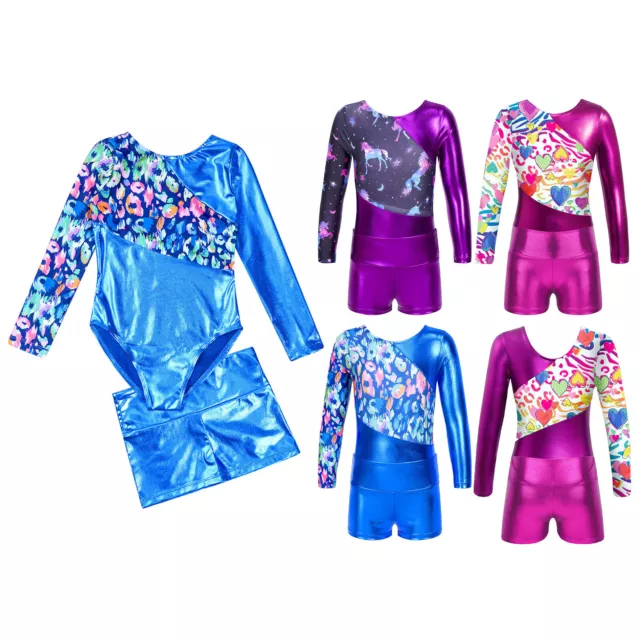 Girls Long Sleeve Gymnastics Leotard with Shorts 2 Pieces Ballet Dance Outfits