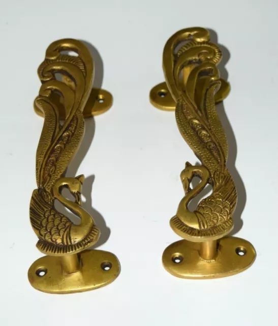 7'' Inches Brass Peacock Door Handle Pair Peafowl Bird Design Heavy Base EK74