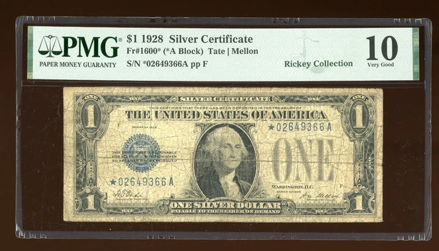 DBR 1928 $1 Silver Funnyback STAR Fr. 1600* PMG VG-10 Serial *02649366A
