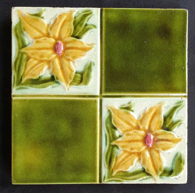 Victorian floral Majolica tile.Corn Brothers. C1900.