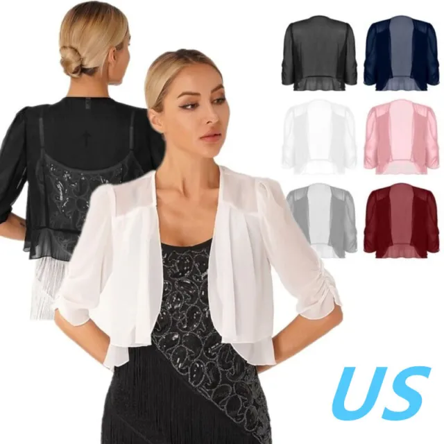 US Womens Chiffon 3/4 Sleeve Cardigan Ruffle Cape Jacket Evening Dress Cover Ups