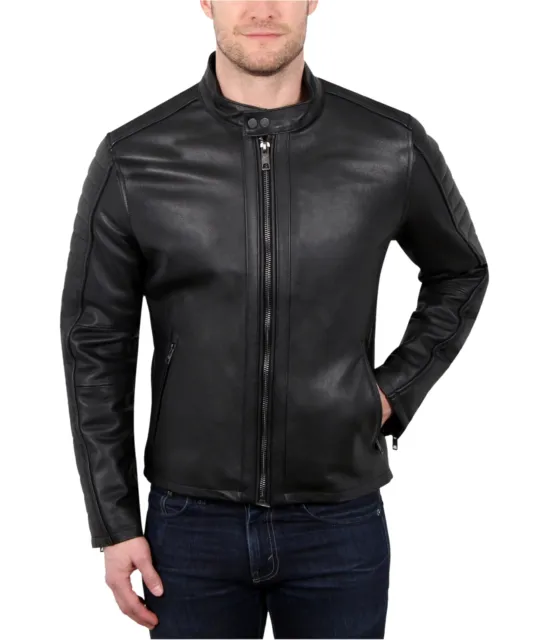 William Rast Mens Leather Motorcycle Jacket, Black, X-Large