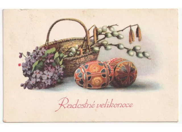 1941 Panier Violette Fleurs De Saule Oeufs Décor Carte Postale Pâques Velikonoce