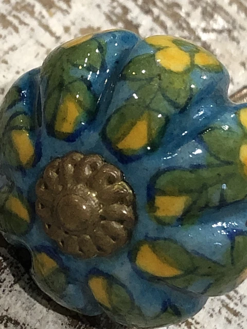 Hand Painted Ceramic Door/Knob Pull Floral Motif Brass Hardware 3