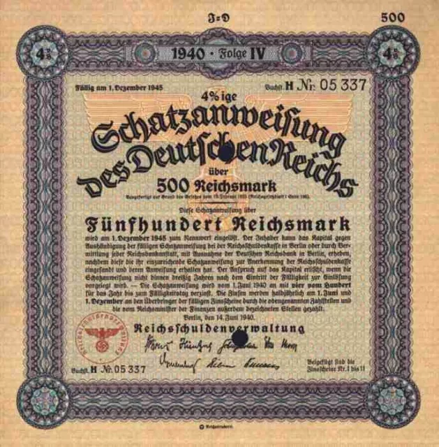 DEUTSCHES Reich Schatzanweisung 6/1940 Berlin 500 RM Schultzenstein Reichsadler