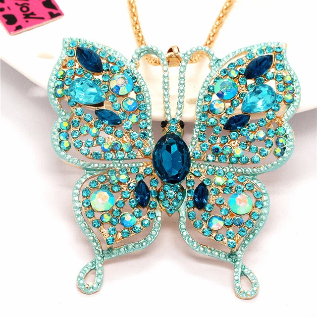 Cute Rhinestone Blue Butterfly Crystal Pendant Fashion Women Chain Necklace