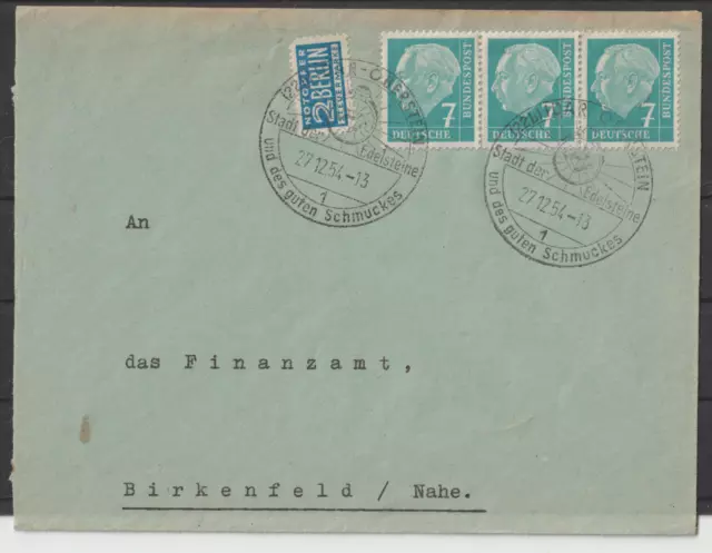 Bund Heuss I, 7 Pf Mi. 181 waager. 3er-Streifen "Idar" seltene MeF auf Brief