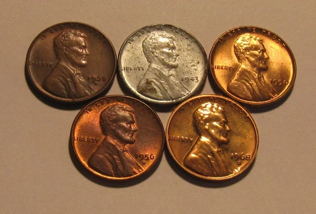 1936 D 1943 1950 1956 D 1968 S Lincoln Cent Penny - AU/BU Condition - 30SA