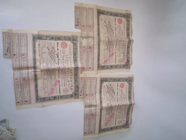 Lot De 3 Bons Actions Compagnie Generale Aeropostale 500 Francs Au Porteur 1928