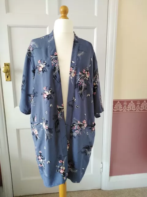PRIMARK OVERSIZED BLUE Floral Kimono Style Jacket Bell Sleeves Tie
