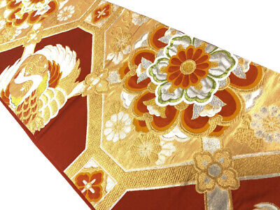 6406555: Japanese Kimono / Antique Fukuro Obi / Woven Crane Roundel