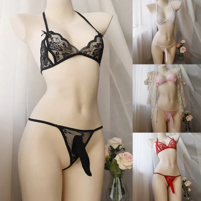 2PC MEN SISSY SexyLingerie Sling Underwear Women SeeThrough Briefs Bra Sets  £6.79 - PicClick UK