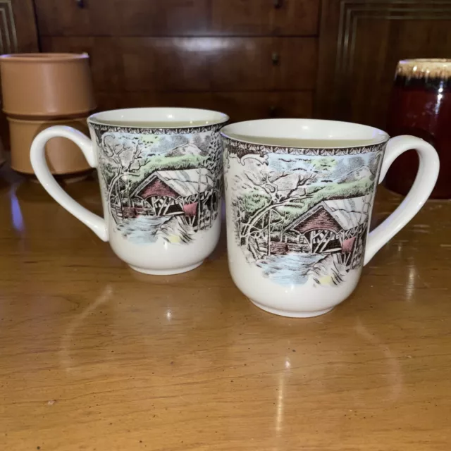 Set of 2 The Johnson Bros  Friendly Village Covered Bridge Coffee Cup Mugs