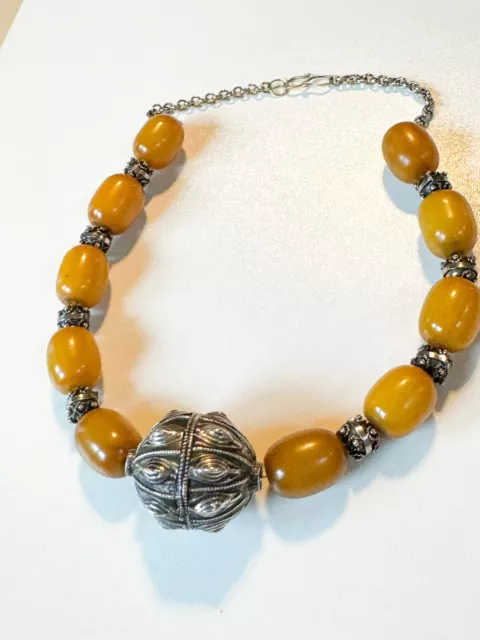 Antique Vintage Yemeni Yellow Amber & Tribal Silver Bead Necklace