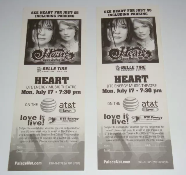 HEART  LOT OF 2 UNUSED 2006 CONCERT TICKETS Ann Wilson Nancy Wilson LOVE RULES