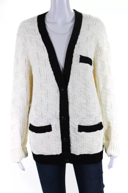 Intermix Womens Open Front Crochet Knit Cardigan Sweater White Black Size Medium