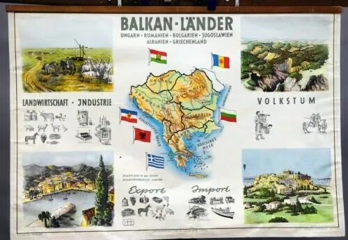 alte Schulwandkarte vintage Poster Lehrtafel Bildkarte Landkarte Balkanländer