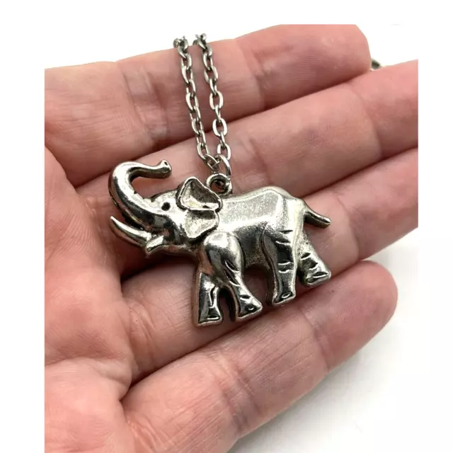 Elephant 3D Trunk Up Luck Jewelry Silver Tone Pendant Necklace 22"