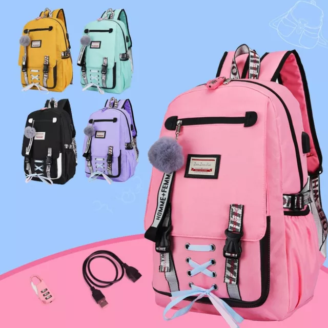 Women Travel Canvas Backpack Rucksack USB Camping Laptop Hiking School Book Bag