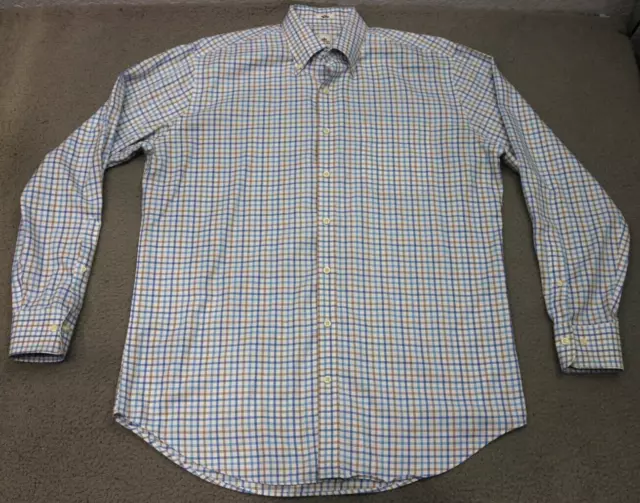 Peter Millar Nanoluxe Shirt Button Down Men Size Large Blue Long Sleeve Checker