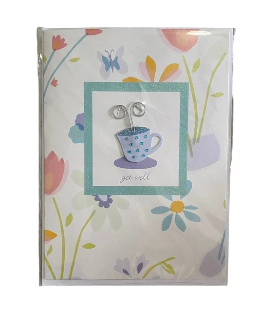 Burgoyne Greeting Card get well coffee cup flowers Envelope 3D