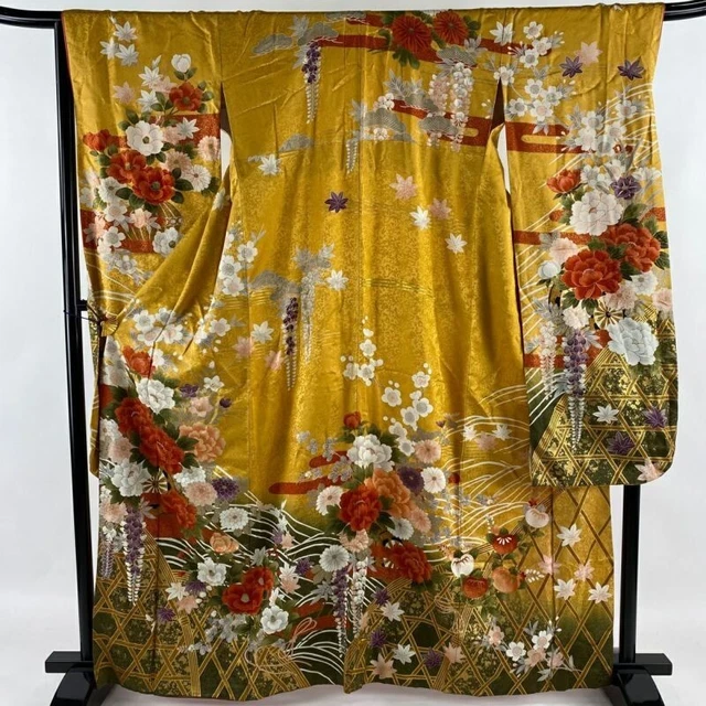 Woman Japanese Kimono Furisode Silk Flower Cart Egasumi Gold Foil Golden Yellow