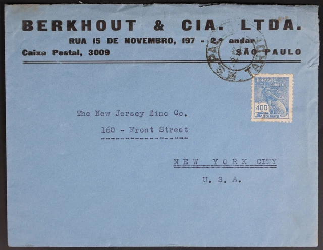 Mayfairstamps Brazil 1940s Berkhout & Cia to New York Single Franked Cover aag_4