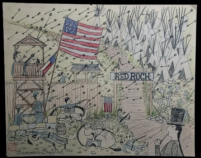LARGE ORIGINAL INDIAN WARS LEDGER DRAWING. Sammus Gray Owl 1926.