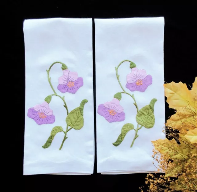 TWO Vintage White Linen Guest Towels Lavender / Green Hand Appliqué Flowers CUTE