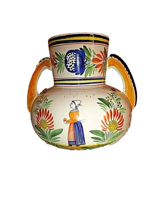 ancien grand vase à 2 anses-HB-Quimper-France-décor paysanne bretonne-marque 972