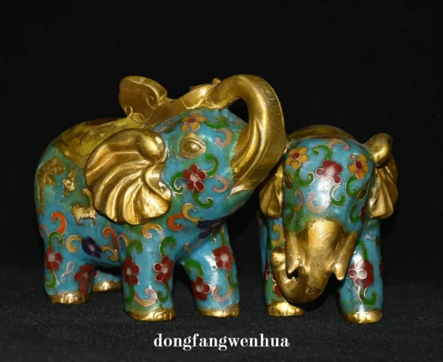 6" China Bronze Cloisonne Enamel Fengshui Elephant Ruyi Animal Statue Pair 吉祥如意