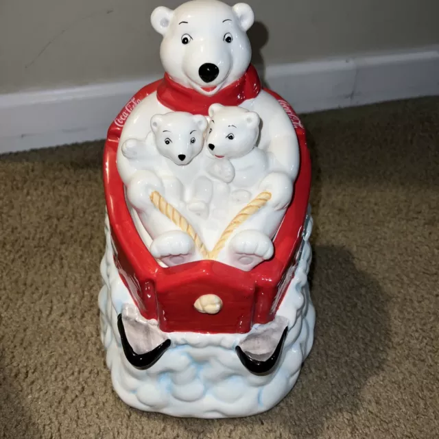 Vintage 2005 Coca-Cola Polar Bear Down Hill Sledding 9.5” Ceramic Cookie Jar.