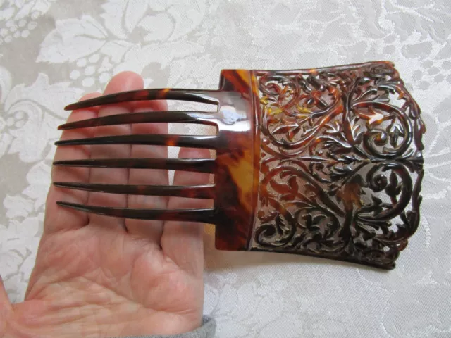 Antique Large Celluloid Tortoise Hair Comb 6'' Long Pierced Design