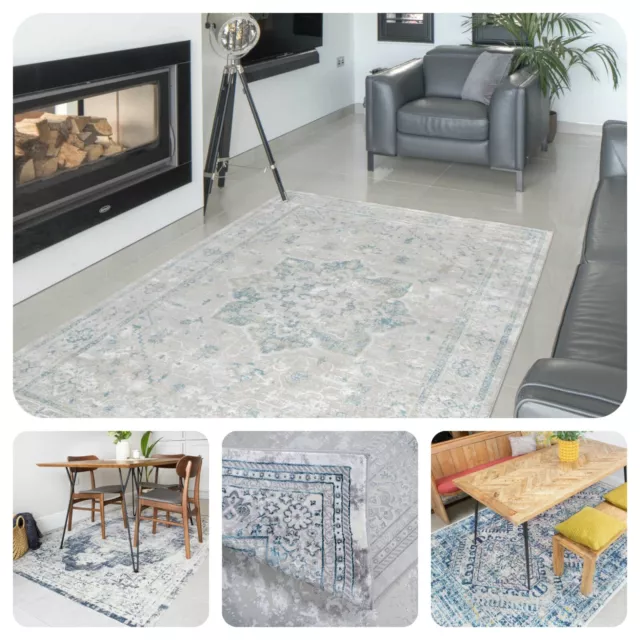 Grey Blue Vintage Living Room Rugs Distressed Medallion Mat Modern Flatweave Rug