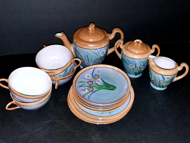 TEA SET LUSTERWARE Japan 16 Pieces Art Deco Antique GOLD BLUE - Main Image
