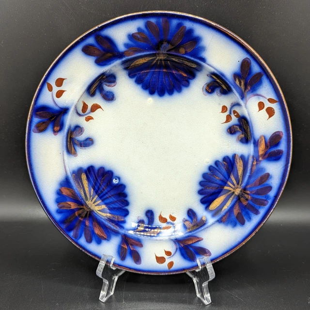 Antique Flow Blue Floral Salad Plate Hand Painted Copper Gold Accents 8.25 in