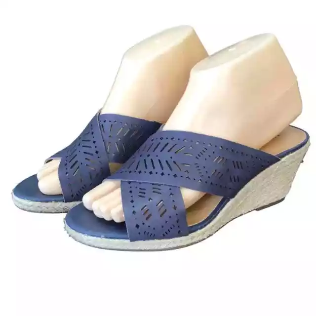 Lucky Brand Wedge Heels Womens 7.5 Keela Navy Blue Espadrille Leather Sandals